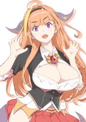 Rule 34 | 1girl, ahoge, blush, braid, breasts, claw pose, cleavage, cleavage cutout, clothing cutout, dragon girl, dragon horns, grey background, hairband, hololive, horns, kichihachi, kiryu coco, large breasts, long hair, long sleeves, looking at viewer, miniskirt, orange hair, pleated skirt, red eyes, red skirt, simple background, skirt, solo, upper body, virtual youtuber
