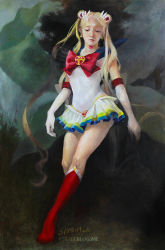 Rule 34 | 1girl, artist name, bishoujo senshi sailor moon, blue sailor collar, boots, bow, brooch, choker, elbow gloves, gloves, hair ornament, hairclip, heart, heart brooch, jewelry, kneehighs, long hair, miniskirt, multicolored clothes, multicolored skirt, oil painting (medium), painting (medium), pleated skirt, realistic, red bow, red footwear, sailor collar, sailor moon, shabomu, signature, skirt, socks, solo, super sailor moon, traditional media, tsukino usagi, twintails, very long hair, watermark, web address, white gloves