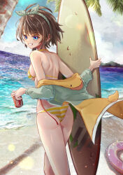 Rule 34 | 1girl, absurdres, annmitsu114, back, beach, bikini, blue eyes, blush, bow hairband, breasts, brown hair, can, coca-cola, drink can, feet out of frame, grin, hairband, highres, holding, holding can, holding surfboard, hololive, innertube, jacket, looking back, medium breasts, oozora subaru, oozora subaru (hololive summer 2019), palm tree, shore, short hair, sideboob, smile, soda can, striped bikini, striped clothes, surfboard, swim ring, swimsuit, tree, virtual youtuber