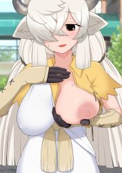 Rule 34 | 1girl, animal ears, black gloves, blurry, blurry background, blush, breast lift, breasts, brown eyes, capelet, collared capelet, commentary request, covered erect nipples, cowboy shot, day, dress, gloves, grey horns, hair over one eye, highres, horns, illu (illu stratos), kemono friends, kemono friends 3, large breasts, long hair, looking at viewer, nipples, one breast out, open mouth, outdoors, ox ears, ox girl, ox horns, plant, smile, solo, tree, very long hair, white dress, white hair, yak (kemono friends), yellow capelet