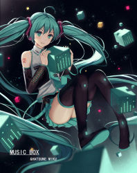 Rule 34 | 1girl, 7lark, ahoge, aqua eyes, aqua hair, bad id, bad pixiv id, black thighhighs, blush, boots, character name, cube, detached sleeves, english text, hatsune miku, light smile, long hair, looking at viewer, parted lips, pleated skirt, skirt, solo, space, star (symbol), thigh boots, thighhighs, twintails, vocaloid