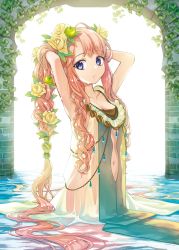 Rule 34 | 1girl, apple, arch, arms behind head, arms up, bare arms, blue eyes, body chain, braid, breasts, cleavage, clothing cutout, cowboy shot, dress, elf, flower, food, frills, fruit, gem, hair flower, hair fruit, hair ornament, hands in hair, head tilt, highres, leaf, long hair, looking at viewer, navel, navel cutout, okeno kamoku, original, parted lips, plant, pointy ears, red hair, school uniform, see-through, serafuku, sidelocks, sleeveless, sleeveless dress, small breasts, solo, standing, very long hair, vines, wading, water, wet, wet clothes, white background, yellow flower