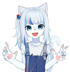Rule 34 | 1girl, :d, animal ears, asymmetrical hair, blue dress, blue eyes, blue fur, blue hair, blue skin, blunt bangs, cat ears, cat tail, colored skin, dress, furrification, furry, furry female, gawr gura, gawr gura (casual), hands up, hololive, hololive english, looking at viewer, medium hair, multicolored hair, one side up, open mouth, sharp teeth, simple background, smile, solo, streaked hair, suspenders, tail, teeth, twitter username, upper body, virtual youtuber, white background, yoako
