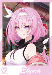 Rule 34 | 1girl, absurdres, alternate costume, armpit crease, bare shoulders, black hood, blue eyes, bow, breasts, character name, chinese commentary, commentary, elysia (honkai impact), from side, hair between eyes, hair bow, hair intakes, highres, honkai (series), honkai impact 3rd, hood, hoodie, jacket, jacket partially removed, large breasts, long hair, looking at viewer, m78 zaitaoaotezhanshi, outdoors, photo (object), pink hair, pink jacket, pink pupils, pointy ears, sidelocks, smile, solo, two-tone hoodie, upper body, white bow, white hoodie