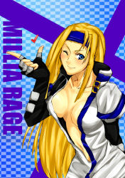 Rule 34 | 1girl, arc system works, ash (giryo), bad id, bad pixiv id, blonde hair, blowing kiss, blue eyes, blue headband, blush, breasts, cleavage, elbow gloves, fingerless gloves, giryo, gloves, guilty gear, hairband, headband, heart, large breasts, long hair, millia rage, one eye closed, open clothes, open shirt, shirt, solo, very long hair, wink