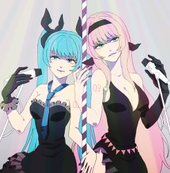 Rule 34 | 2girls, 2gqw2gqw, aqua eyes, aqua hair, bad id, bad pixiv id, black nails, breasts, cleavage, dress, elbow gloves, gloves, hatsune miku, long hair, megurine luka, microphone, microphone stand, multiple girls, nail polish, necktie, pink hair, red nails, single glove, smile, takashi (calla), twintails, vocaloid, world&#039;s end dancehall (vocaloid)