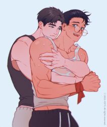 Rule 34 | 2boys, bdsm, black tank top, bondage, bound, copyright notice, copyright request, glasses, highres, hug, hug from behind, jewelry, looking at another, looking at viewer, male focus, multiple boys, ring, simple background, tank top, white background, white tank top, yaoi, yotti