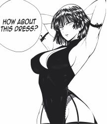 Rule 34 | 1girl, arms behind head, black dress, breasts, cleavage cutout, clothing cutout, commentary, dress, english commentary, english text, fubuki (one-punch man), greyscale, highres, looking at viewer, monochrome, mostlybluewyatt, one-punch man, short hair, sideboob, thighhighs
