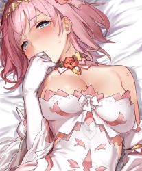 Rule 34 | 1girl, 92m, bare shoulders, blue eyes, blush, breasts, cleavage, collarbone, commentary request, detached collar, diadem, dress, elbow gloves, gloves, hand to own mouth, highres, large breasts, looking at viewer, lying, on back, pink hair, princess connect!, short hair, white dress, white gloves, yui (princess) (princess connect!), yui (princess connect!)