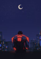 Rule 34 | 1boy, artist name, black bodysuit, bodysuit, burobuchan, chromatic aberration, city, commentary, crescent moon, dark, english commentary, father&#039;s day, glowing, glowing bodysuit, highres, looking down, male focus, marvel, miguel o&#039;hara, moon, night, night sky, red bodysuit, short hair, sitting, sky, solo, spider-man: across the spider-verse, spider-man (2099), spider-man (series), spider-verse, star (sky), starry sky, two-tone bodysuit