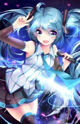 Rule 34 | 1girl, ahoge, arm up, armpits, bare shoulders, black skirt, black sky, black thighhighs, blue eyes, blue hair, blue necktie, blush, breasts, collared shirt, detached sleeves, fang, flying, hair between eyes, hair ornament, hands up, hatsune miku, highres, holding, holding microphone, long hair, long sleeves, looking away, medium breasts, microphone, miniskirt, necktie, night, night sky, open mouth, pleated skirt, shirt, skirt, sky, smile, solo, space, squchan, star (sky), starry sky, striped clothes, striped shirt, thighhighs, tongue, twintails, vocaloid, white shirt, wide sleeves