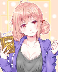 Rule 34 | 1girl, ahoge, alternate costume, arms up, black shirt, blush, body blush, book, bra, bra peek, breasts, cleavage, closed mouth, collarbone, commentary request, curled fingers, double bun, eyes visible through hair, fingernails, hair between eyes, hair bun, high wizard (ragnarok online), holding, holding book, hood, hoodie, kathryne keyron, lace, lace-trimmed bra, lace trim, looking at viewer, masaki shino, medium breasts, nail polish, pink hair, purple hoodie, ragnarok online, red eyes, shirt, short hair, signature, simple background, solo, underwear, upper body, white background, yellow background