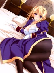 Rule 34 | 1girl, armlet, ass, bed, blonde hair, blush, bra, breasts, buttons, cleavage, copyright name, cover, cover page, dress, dutch angle, frills, gloves, hair between eyes, hair bun, half-dress, high collar, highres, huge filesize, indoors, komori kei, lace, lace-trimmed bra, lace trim, lamp, large breasts, lingerie, long sleeves, looking at viewer, lying, official art, on side, open clothes, open dress, parted lips, pillow, princess lover, puffy long sleeves, puffy sleeves, purple eyes, short hair, sidelocks, silvia van hossen, single hair bun, sleeve cuffs, solo, spandex, unbuttoned, underwear, uniform, white bra, white gloves