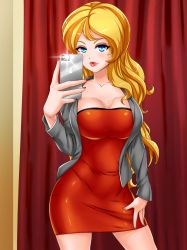 Rule 34 | 1girl, artist request, bare legs, blonde hair, blue eyes, breasts, cellphone, cleavage, closed mouth, collarbone, contrapposto, cowboy shot, curtains, date crush stories, dress, female focus, flashing, game cg, grey jacket, hand on thigh, highres, holding, indoors, jacket, large breasts, legs, lips, lipstick, long hair, long sleeves, looking at viewer, makeup, medium breasts, mirror image, nail polish, neck, phone, red dress, red lips, red nails, red theme, rose (date crush stories), selfie, short dress, smartphone, smile, solo, standing, strapless, strapless dress, thighs, tube dress