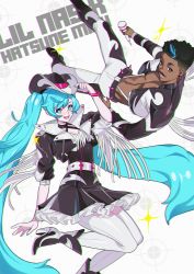 Rule 34 | 1boy, 1girl, abs, absurdres, alternate costume, animification, aqua eyes, aqua hair, boots, character name, chromatic aberration, crossover, dark-skinned male, dark skin, facial hair, hatsune miku, highres, jacket, lil nas x, long hair, looking at viewer, microphone, mustache, open clothes, open jacket, oskar vega, real life, real life insert, skirt, vocaloid, white background