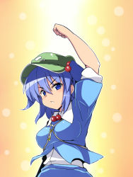 Rule 34 | 1girl, arm up, bad id, bad pixiv id, blue eyes, blue hair, breasts, clenched hand, female focus, hair bobbles, hair ornament, hat, kawashiro nitori, key, matching hair/eyes, medium breasts, meicha, raised fist, short hair, solo, touhou, twintails, two side up, upper body