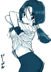 Rule 34 | 1girl, black hair, blush, breasts, closed mouth, dragon ball, dragonball z, fingerless gloves, gloves, looking at viewer, low twintails, monochrome, ponsuke (pon00000), small breasts, twintails, videl