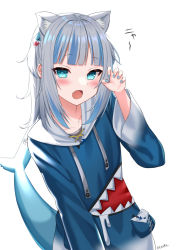 Rule 34 | 1girl, :o, animal ears, animal hood, blue eyes, blue hair, blue hoodie, blue nails, blunt bangs, blush, cat ears, collarbone, fang, fins, fish tail, gawr gura, gawr gura (1st costume), hair ornament, hololive, hololive english, hood, hood down, hoodie, looking at viewer, medium hair, multicolored hair, nail polish, open mouth, paw pose, shark girl, shark hair ornament, shark hood, shark tail, signature, silver hair, simple background, skin fang, solo, streaked hair, tail, tasuku (user fkzv3343), upper body, virtual youtuber, white background