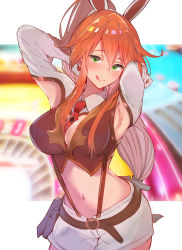 Rule 34 | 1girl, :q, animal ears, arito arayuru, armpit cutout, armpits, arms up, belt, belt pouch, between breasts, blurry, breasts, brown shirt, casino, cleavage, clothing cutout, cowboy shot, crop top, depth of field, fake animal ears, green eyes, highres, large breasts, long hair, long sleeves, looking at viewer, midriff, naska (world flipper), navel, necktie, orange hair, pouch, revealing clothes, shirt, short necktie, short shorts, shorts, solo, stomach, suspenders, tongue, tongue out, very long hair, white shorts, wing collar, world flipper