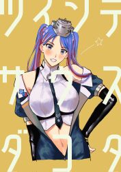 Rule 34 | 1girl, alternate hairstyle, black necktie, blue hair, blush, breasts, character name, commentary request, crop top, cropped torso, grin, hair ornament, hand on own hip, headgear, highres, kantai collection, large breasts, long hair, looking at viewer, multicolored hair, navel, necktie, nidou, orange background, red hair, simple background, smile, solo, south dakota (kancolle), star (symbol), star hair ornament, translation request, twintails, white hair