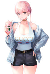 Rule 34 | 1girl, absurdres, bare shoulders, belt, belt buckle, black choker, black shorts, blue jacket, blush, bra strap, breasts, buckle, choker, cleavage, closed mouth, clothes writing, collarbone, cowboy shot, cup, denim, denim jacket, disposable cup, earrings, food, gucci, hand on own hip, highres, holding, holding cup, ice cream, jacket, jewelry, large breasts, long hair, long sleeves, looking at viewer, off shoulder, open clothes, open jacket, original, pigone, pink hair, purple eyes, short shorts, shorts, simple background, solo, starbucks, sundae, tank top, twintails, unbuttoned, watch, white background, wristwatch