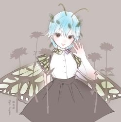 Rule 34 | 1girl, alternate costume, antennae, aqua hair, artist name, black skirt, blush, brown eyes, butterfly wings, buttons, eternity larva, fairy, gin fragrans, grey background, hair between eyes, highres, insect wings, leaf, leaf on head, open mouth, shirt, short hair, short sleeves, simple background, skirt, smile, solo, touhou, twitter username, white shirt, wings