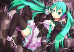 Rule 34 | 1girl, alternate costume, ankle cuffs, blush, chain, chained, chain, character name, checkered floor, garter straps, green eyes, green hair, hatsune miku, headset, long hair, looking at viewer, loose necktie, necktie, packge, solo, thighhighs, thighs, twintails, vocaloid