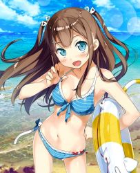 Rule 34 | 10s, 1girl, :d, ange vierge, beach, bikini, blue bikini, blue eyes, blush, breasts, brown hair, cleavage, contrapposto, cowboy shot, day, front-tie top, hair ornament, hairclip, hinata miumi, innertube, kantoku, lens flare, long hair, looking at viewer, medium breasts, open mouth, outdoors, sidelocks, smile, solo, standing, strap pull, striped bikini, striped clothes, swim ring, swimsuit, two side up