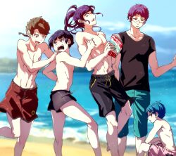 Rule 34 | 5boys, aqua pants, artist name, beach, black eyes, black male swimwear, black shirt, blue eyes, blue hair, braid, bright pupils, brown hair, commentary request, day, employee (project moon), english text, frog hair ornament, hair ornament, hand on another&#039;s shoulder, highres, hinamikan, holding, holding magazine, lobotomy corporation, long hair, magazine (object), male swimwear, multiple boys, navel, no nipples, open mouth, original, outdoors, pants, pink male swimwear, ponytail, project moon, purple eyes, purple hair, red male swimwear, shirt, short hair, short sleeves, sitting, smile, sparkle, sweat, swim trunks, t-shirt, toned, topless male, white pupils