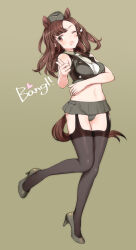 Rule 34 | 1girl, animal ears, brown eyes, brown hair, english text, full body, garter straps, grace maitland steward, hat, high heels, horse ears, horse girl, horse tail, leg up, long hair, looking at viewer, luminous witches, military hat, navel, necktie, one eye closed, open mouth, panties, pointing, pointing at viewer, shimada fumikane, skirt, sleeveless, solo, star (symbol), tail, thighhighs, underwear, wink star, world witches series