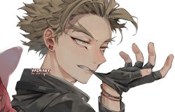 Rule 34 | 1boy, biting, blonde hair, boku no hero academia, bracelet, commentary, ear piercing, earrings, english commentary, facial hair, facial mark, feathered wings, feathers, fingerless gloves, forked eyebrows, glove biting, gloves, goatee, hawks (boku no hero academia), jacket, jewelry, kadeart, long eyebrows, looking afar, male focus, mouth hold, piercing, portrait, red feathers, red wings, short hair, solo, stubble, stud earrings, teeth hold, thick eyebrows, twitter username, wings, yellow eyes
