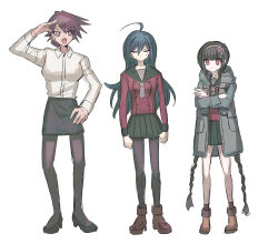 Rule 34 | 3girls, :d, absurdres, ahoge, alternate hairstyle, arm up, black hair, black pantyhose, black sailor collar, black skirt, braid, breasts, brown footwear, brown hair, brown jacket, buttons, cosplay request, crossed arms, danganronpa (series), danganronpa v3: killing harmony, double-breasted, facing viewer, frown, genderswap, genderswap (mtf), grey background, hair ornament, hairclip, harukawa maki, high heels, highres, hood, hood down, hooded jacket, jacket, large breasts, long hair, long sleeves, miniskirt, momota kaito, multiple girls, necktie, open clothes, open jacket, open mouth, pantyhose, pencil skirt, pink eyes, pleated skirt, red shirt, red socks, saihara shuichi, sailor collar, salute, shirt, shirt tucked in, shoes, short necktie, simple background, skirt, smile, socks, standing, straight-on, twin braids, twintails, visket53, white shirt
