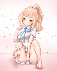Rule 34 | 1girl, absurdres, bad id, bad pixiv id, barefoot, blonde hair, blush, braid, breasts, covering crotch, covering privates, creatures (company), cum, cum on body, cum on lower body, french braid, game freak, green eyes, heart, heart-shaped pupils, high ponytail, highres, libix, lillie (pokemon), long hair, medium breasts, miniskirt, naughty face, nintendo, no panties, pleated skirt, pokemon, pokemon sm, shirt, short sleeves, sitting, skirt, soles, solo, symbol-shaped pupils, white shirt, white skirt