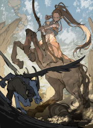 Rule 34 | 1boy, 1girl, arrow (projectile), artist name, blue skin, bow (weapon), breasts, brown hair, centaur, colored skin, demizu posuka, earrings, hair ornament, hairclip, holding, holding bow (weapon), holding weapon, hooves, jewelry, long hair, monster girl, original, outdoors, pointy ears, serious, taur, weapon, wings