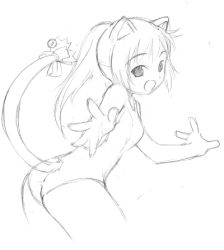 Rule 34 | 1girl, animal ears, bell, cat bells, cat ears, cat tail, graphite (medium), greyscale, jingle bell, lowres, monochrome, one-piece swimsuit, ponytail, sketch, solo, swimsuit, taguchi makoto, tail, traditional media