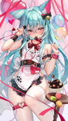 Rule 34 | 1girl, absurdres, ahoge, animal ears, apron, aqua hair, bare shoulders, belt, bow, bowtie, breasts, cat ears, chocolate, choker, food, frills, garter straps, hair bow, hands up, highres, long hair, looking at viewer, macaron, medium breasts, meion, nail polish, original, pantyhose, pink nails, red choker, red eyes, sideless outfit, single leg pantyhose, single thighhigh, skindentation, solo, thick eyebrows, thigh strap, thighhighs, very long hair, virtual youtuber, white apron, white pantyhose, white thighhighs, wristband