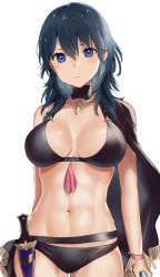 Rule 34 | 1girl, abs, arm at side, arm behind back, bikini, black cape, black hair, blue eyes, breasts, breasts apart, byleth (female) (fire emblem), byleth (female) (summer) (fire emblem), byleth (fire emblem), cape, closed mouth, collarbone, cowboy shot, dagger, expressionless, fire emblem, fire emblem: three houses, fire emblem heroes, hair between eyes, haru (nakajou-28), highres, holding, knife, large breasts, long hair, looking at viewer, navel, nintendo, official alternate costume, simple background, solo, stomach, swimsuit, tassel, toned, weapon, white background, wristband