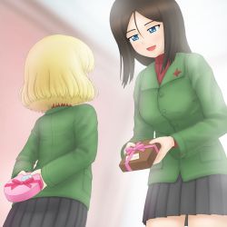 Rule 34 | 2girls, age difference, arms behind back, black hair, black skirt, blonde hair, blue eyes, blush, bob cut, character name, child, commentary, cyrillic, gift, girls und panzer, giving, green jacket, half-closed eyes, height difference, highres, holding, holding behind back, holding gift, jacket, katyusha (girls und panzer), leaning forward, long hair, long sleeves, looking at another, miniskirt, multiple girls, nonna (girls und panzer), holding behind back, onee-loli, open mouth, pleated skirt, pravda school uniform, pravda ueno, red shirt, russian text, school uniform, shirt, short hair, skirt, smile, standing, swept bangs, translated, turtleneck, valentine, yuri