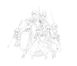 Rule 34 | 6+girls, apple grant, armor, armored dress, bow (weapon), character request, club, club (weapon), crossbow, drill hair, faulds, fighting stance, gauntlets, greaves, greyscale, helmet, highres, knight, lineart, long hair, medieval, monochrome, multiple girls, polearm, quad drills, rapier, shield, smile, spear, spiked club, sword, twintails, war hammer, warhammer, weapon, winged helmet