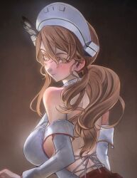 Rule 34 | 1girl, absurdres, backless outfit, brown background, brown eyes, brown hair, from behind, gradient background, headdress, highres, kantai collection, littorio (kancolle), looking at viewer, low ponytail, shirt, solo, u teitoku, upper body, white shirt
