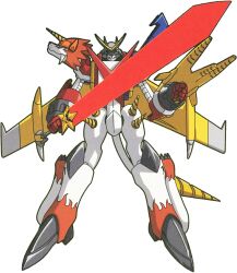 Rule 34 | 1boy, clenched hands, digimon, digimon (creature), digimon xros wars, full body, glowing, glowing sword, glowing weapon, green eyes, helmet, highres, holding, holding sword, holding weapon, horns, looking at viewer, mecha, mechanical wings, no humans, official art, robot, scan, shoutmon x5, simple background, solo, sword, tail, toei animation, weapon, wings