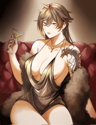 Rule 34 | 1girl, arm tattoo, black dress, breasts, brown hair, cleavage, collarbone, commentary, couch, cup, dragon tattoo, dress, earrings, eyeliner, feather boa, fffmeldelotp, genderswap, genderswap (mtf), genshin impact, gradient hair, hair between eyes, highres, holding, holding cup, jewelry, large breasts, lipstick, long hair, makeup, multicolored hair, necklace, orange hair, parted lips, red lips, single earring, sitting, solo, symbol-only commentary, tassel, tassel earrings, tattoo, yellow eyes, zhongli (genshin impact)