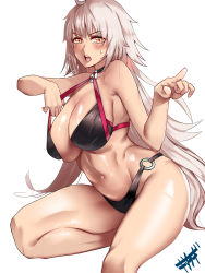 Rule 34 | 1girl, absurdres, ahoge, bikini, black bikini, blush, breasts, choker, cleavage, collarbone, commentary request, fate/grand order, fate (series), hair between eyes, highres, jeanne d&#039;arc alter (swimsuit berserker) (fate), jeanne d&#039;arc (fate), jeanne d&#039;arc alter (fate), jeanne d&#039;arc alter (swimsuit berserker) (fate), kisaragi tsurugi, large breasts, long hair, looking at viewer, o-ring, open mouth, signature, simple background, solo, sweat, swimsuit, white background, yellow eyes