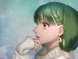 Rule 34 | 1girl, aged up, beige sweater, braid, close-up, commentary, earrings, hand on own chin, highres, jewelry, lipstick, macross, macross frontier, makeup, moon, orange eyes, pote-mm, ranka lee, red lips