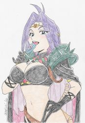 Rule 34 | 1girl, blue eyes, breasts, candy, cape, cleavage, food, gloves, large breasts, licking, lollipop, long hair, naga the serpent, navel, pauldrons, purple hair, revealing clothes, shoulder armor, slayers, solo