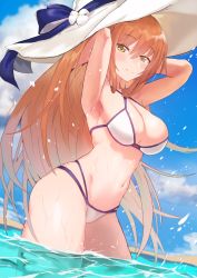 Rule 34 | 1girl, absurdres, armpits, arms behind head, bad id, bad pixiv id, bare shoulders, bikini, blue ribbon, blush, breasts, brown hair, commentary request, criss-cross halter, girls&#039; frontline, green eyes, hair between eyes, hair ribbon, hair rings, half-closed eyes, halterneck, hat, highleg, highleg bikini, highres, large breasts, long hair, looking at viewer, midriff, multi-strapped bikini, navel, nikuking, official alternate costume, partially submerged, ribbon, sidelocks, solo, springfield (girls&#039; frontline), springfield (stirring mermaid) (girls&#039; frontline), stomach, sun hat, swimsuit, thighs, wading, water, white bikini