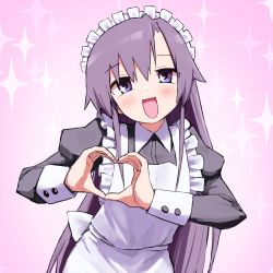 Rule 34 | + +, 1girl, :d, alternate costume, apron, black dress, blush, collared dress, commentary request, dress, enmaided, frilled apron, frills, goshiki agiri, gradient background, hair between eyes, happy, heart, heart hands, highres, kill me baby, long hair, long sleeves, looking at viewer, maid, maid apron, maid headdress, moe moe kyun!, open mouth, pink background, puffy long sleeves, puffy sleeves, purple eyes, purple hair, sidelocks, smile, solo, sparkle, sparkle background, white apron, yachima tana