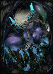 Rule 34 | 1girl, all fours, artist request, blue skin, braid, breasts, claws, colored skin, demon girl, demon horns, demon tail, demon wings, glowing, horns, large breasts, looking to the side, original, parted lips, platinum blonde hair, purple eyes, tail, wings