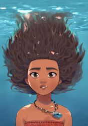 Rule 34 | 1girl, air bubble, arms at sides, bare arms, bare shoulders, brown eyes, brown hair, bubble, curly hair, dark-skinned female, dark skin, disney, eyelashes, floating hair, jewelry, light rays, long hair, moana (movie), moana waialiki, necklace, pano (mohayayamai), parted lips, sleeveless, solo, submerged, teeth, thick eyebrows, underwater, water, water surface
