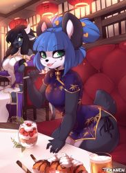 Rule 34 | 2girls, animal ears, artist name, blue dress, blue hair, blunt bangs, blush, borrowed character, breasts, china dress, chinese clothes, closed mouth, commission, dress, furry, furry female, green eyes, highres, holding, holding spoon, looking at viewer, medium breasts, multiple girls, nuwa nightstone, original, panda ears, panda girl, panda tail, short hair, short sleeves, smile, spoon, table, tail, teranen, tongue, tongue out, wide hips
